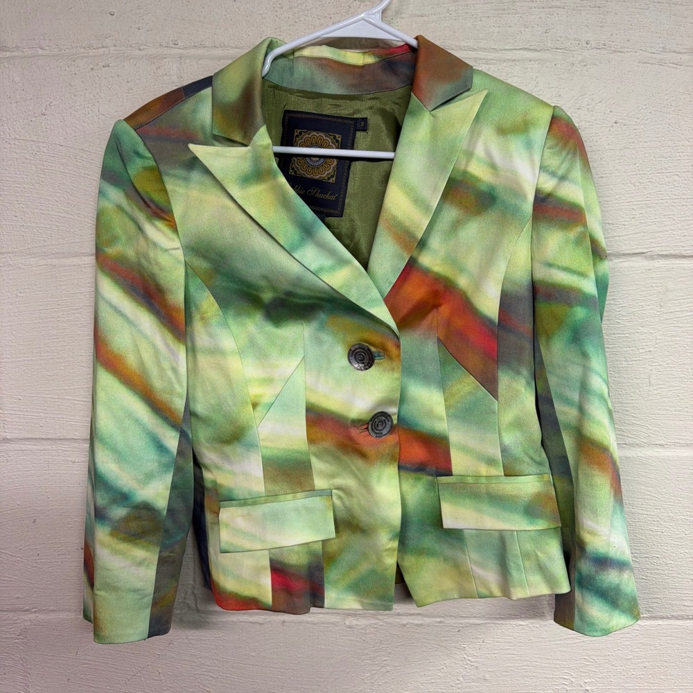 Debbie Shuchat Women's‎ Abstract Print Blazer Jacket Size 8 Green Career Chic